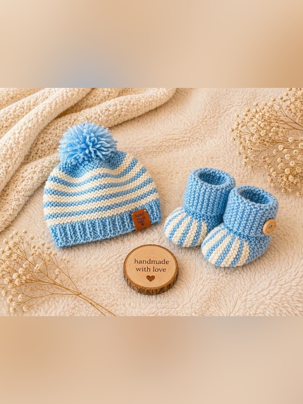 Handmade Blue & Cream Striped Baby Beanie and Booties Set